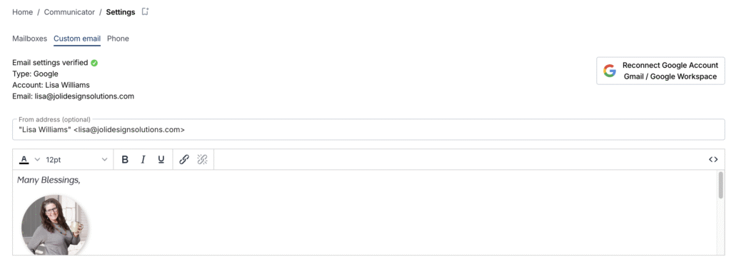 moxie crm custom email settings
