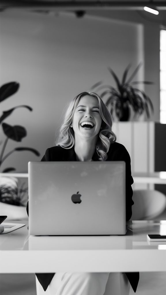 laughing woman with laptop office