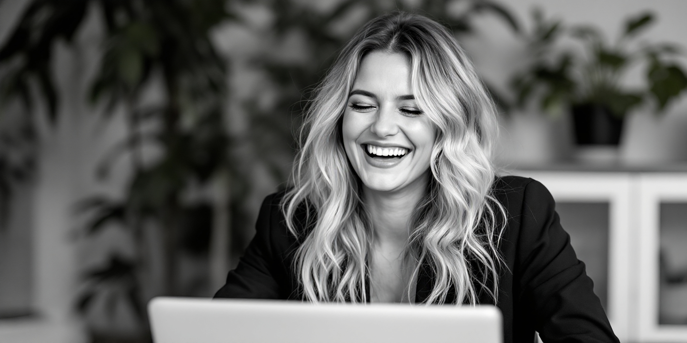 a black and white portrait of a woman working on laptop