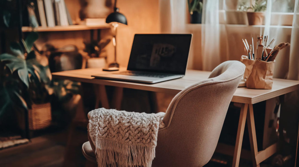 cozy organized desk with laptop and chair