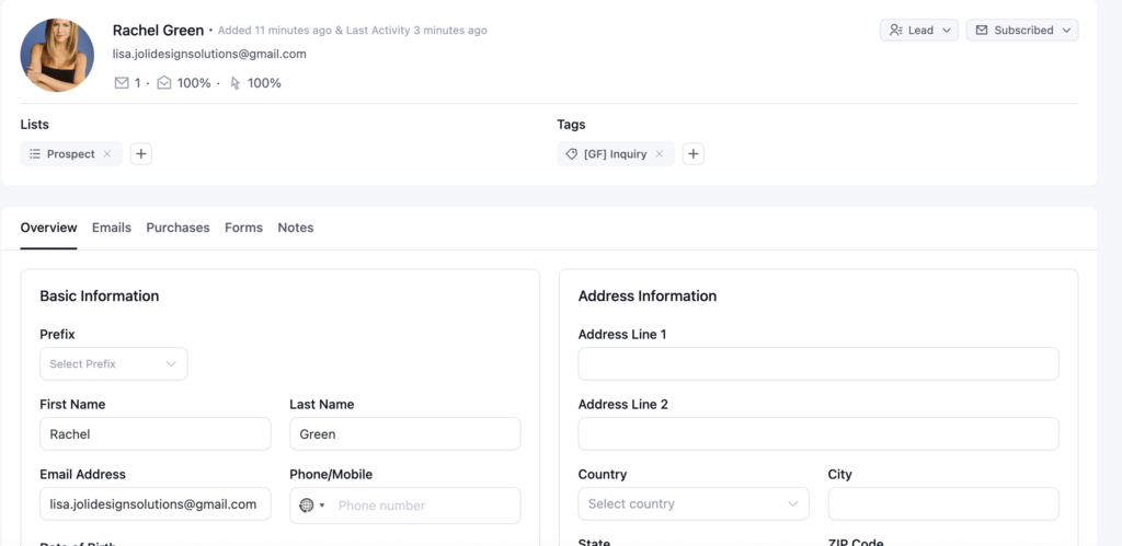 rachel green contact fluent crm